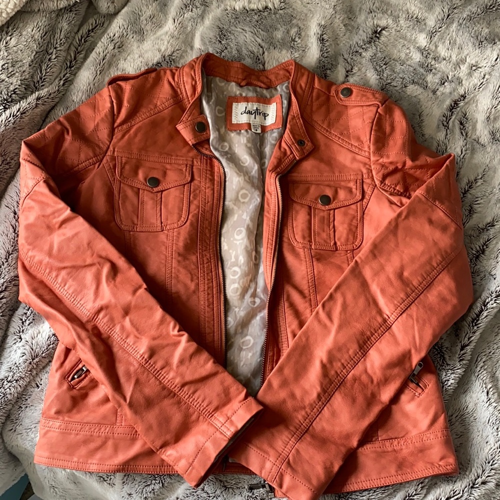 Buckle Burnt Orange Faux Leather jacket with pockets